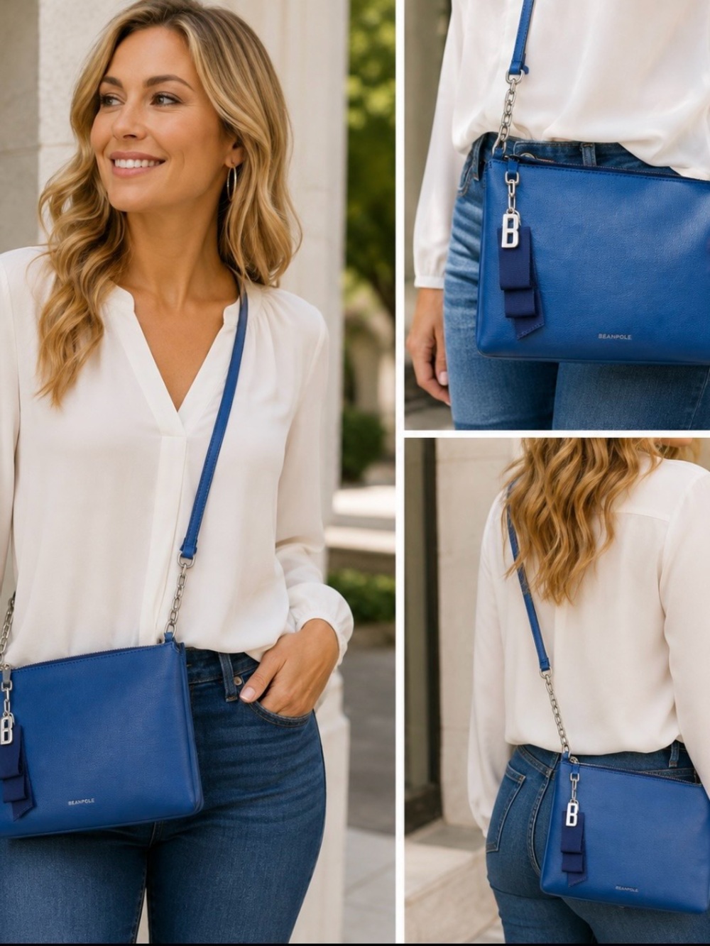 BEANPOLE Blue Leather Crossbody Bag Silver Chain B Charm
